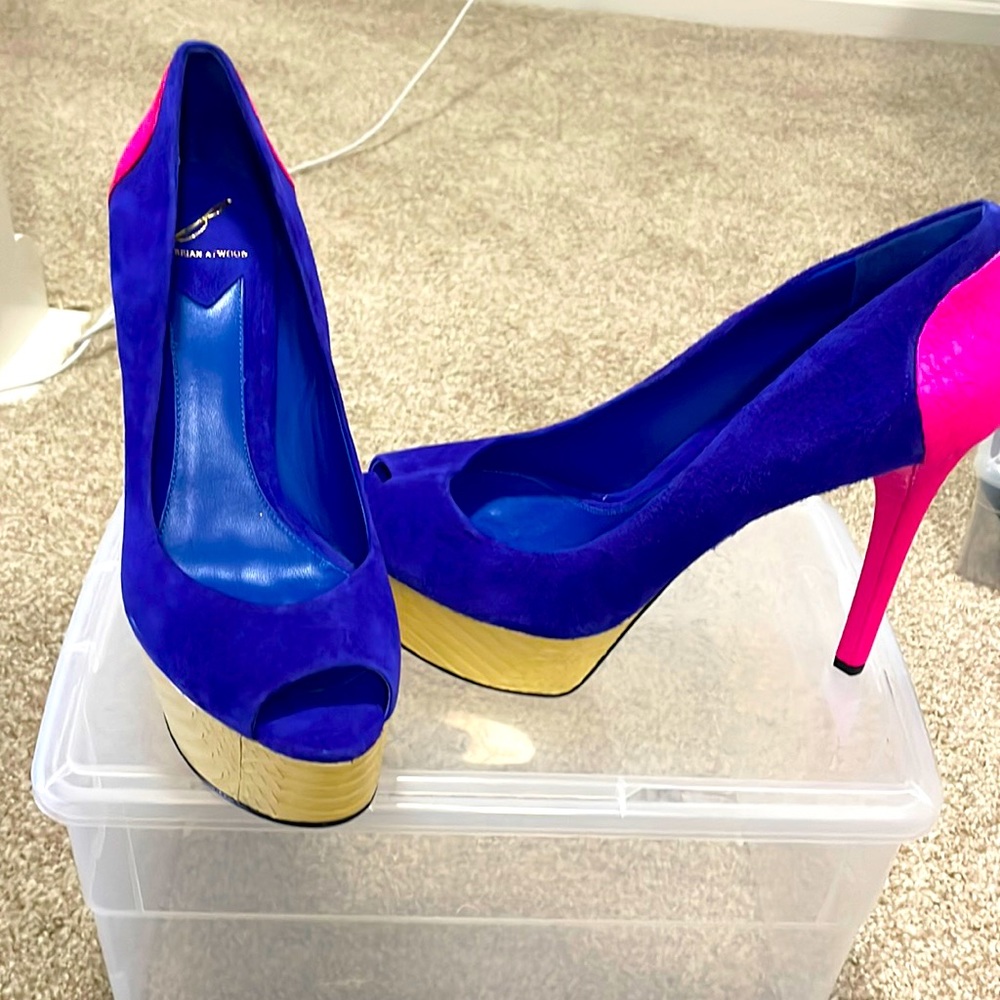 Brian Atwood, peep toe platform pumps, blue and pink detail, velvet, size 8.5